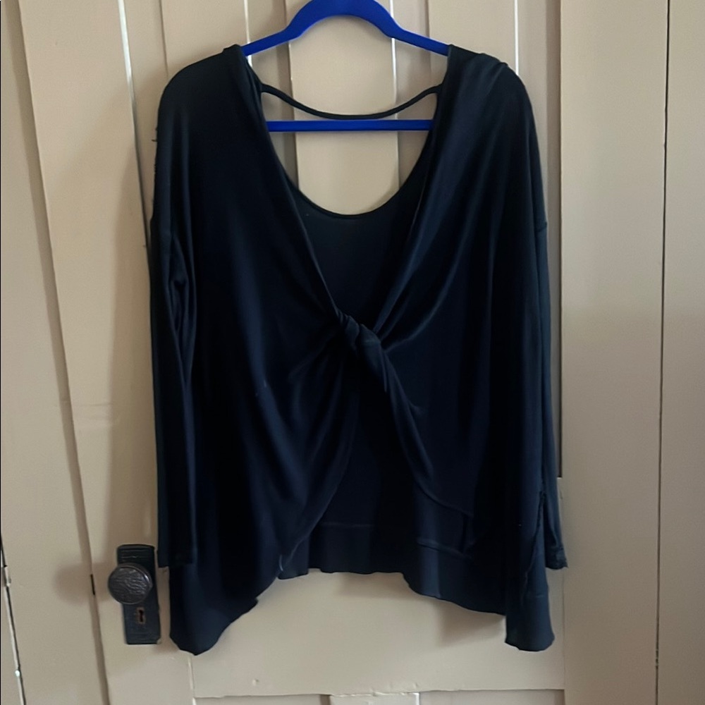 Blue Long Sleeve Relaxed Blouse with Tie Front